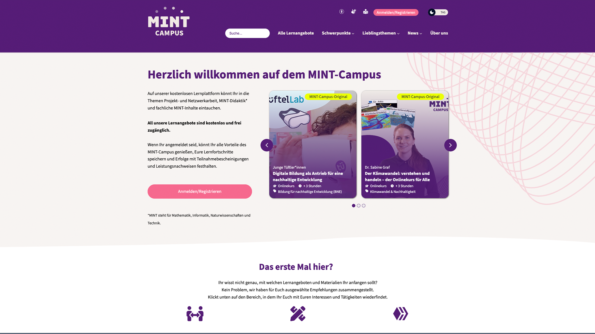Website des MINT-Campus mit einem Einleitungstext und zwei Vorschaugrafiken zu Onlinekursen. 