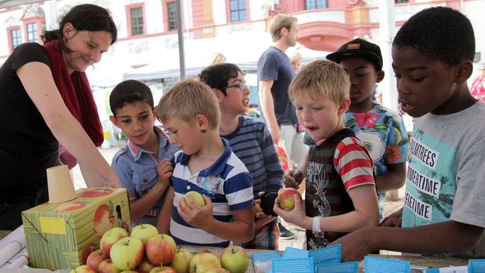 Kinder an einem Marktstand mit Äpfeln in den Händen