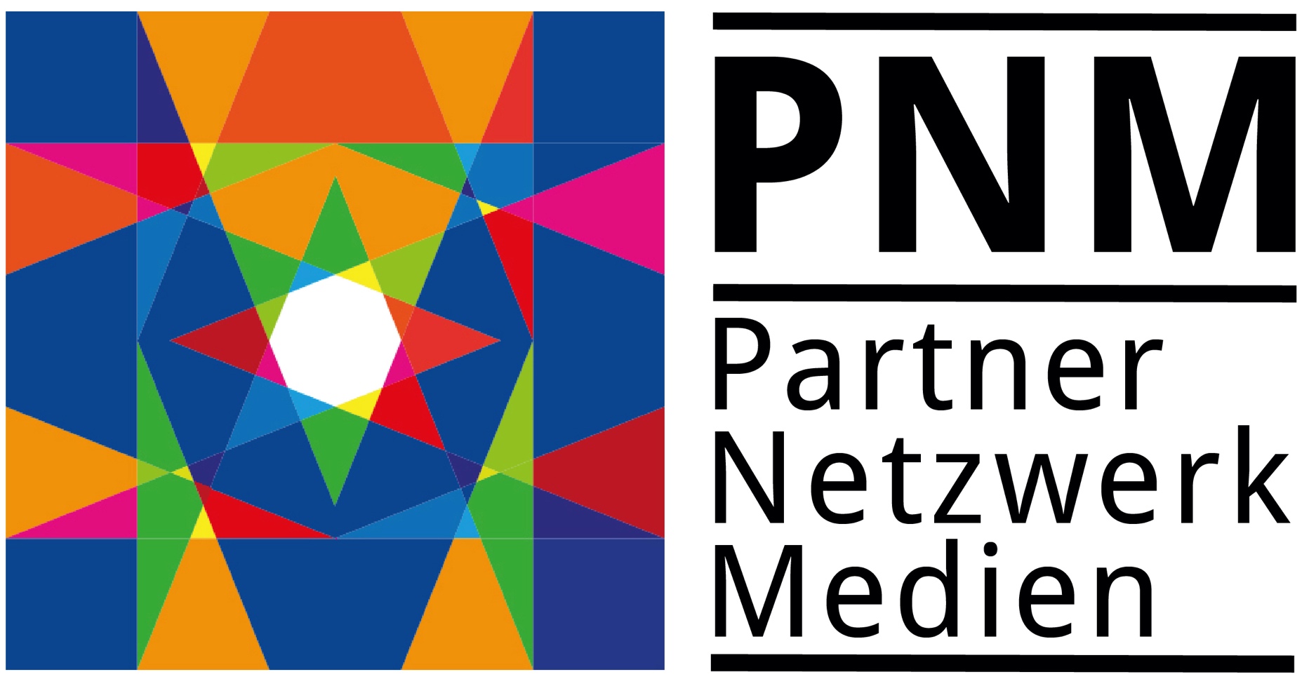 Auf dem Bild ist das Logo des Partnernetzwerks Medien zu sehen, links bunte, sich überlappende geometrische Formen, rechts der Schriftzug.