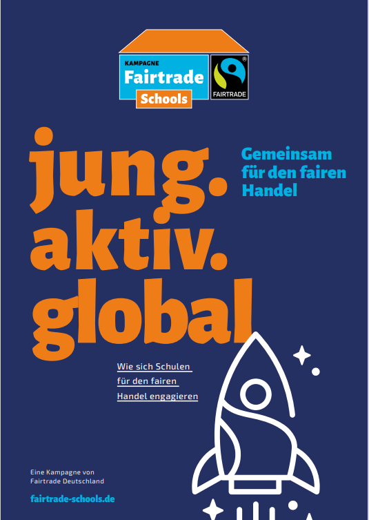 Cover des Leitfadens mit dem Schriftzug "jung. Aktiv. Global" und einer illustrierten Rakete