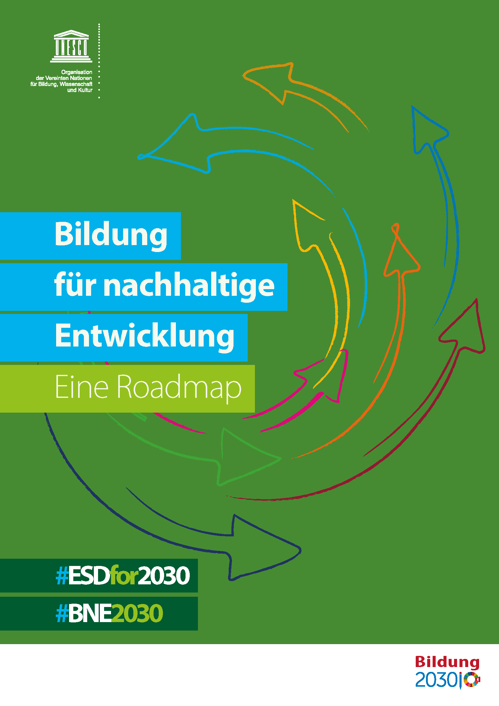 Cover der Publikation "Bildung für nachhaltige Entwicklung: Eine Roadmap" mit bunten Pfeilen, die entgegen des Uhrzeigersinns zeigen, auf grünem Hintergrund.